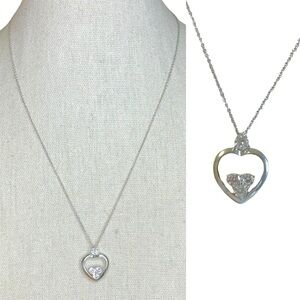Vintage Y2K Silver Tone Rhinestone Open Heart Pendant Necklace